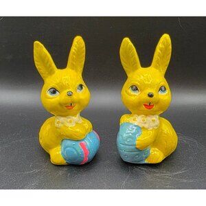 Vintage Retro Easter Bunny Figurine Set Made in Taiwan Yellow Blue Easter Eggs